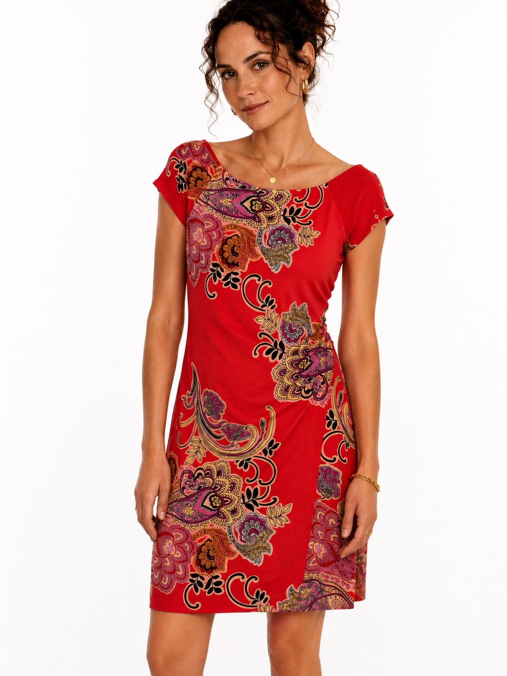 Evan Picone Red Paisley Cap Sleeved Ruched Dress
